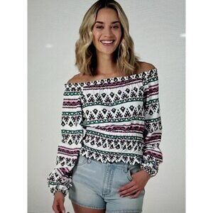 Wrangler Womens Retro Off-Shoulder Boho Top White Pink & Black Size Small